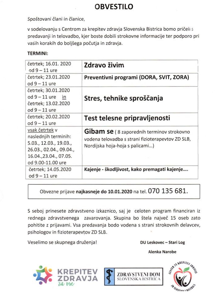 Obvestilo o predavanjih in telovadbah